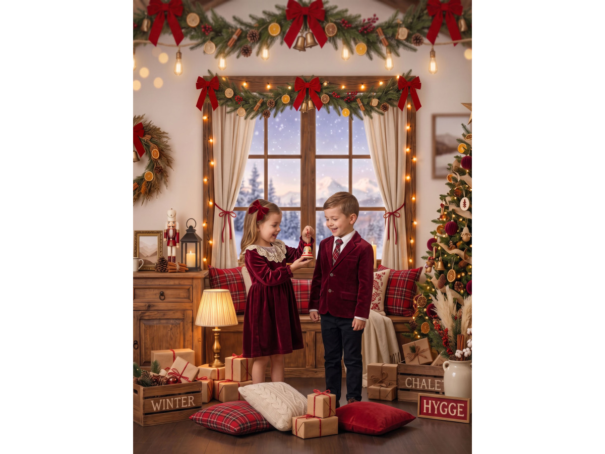 Christmas photo backdrop A la Montagne – mountain Christmas living room with window and tree | Colors&Drops