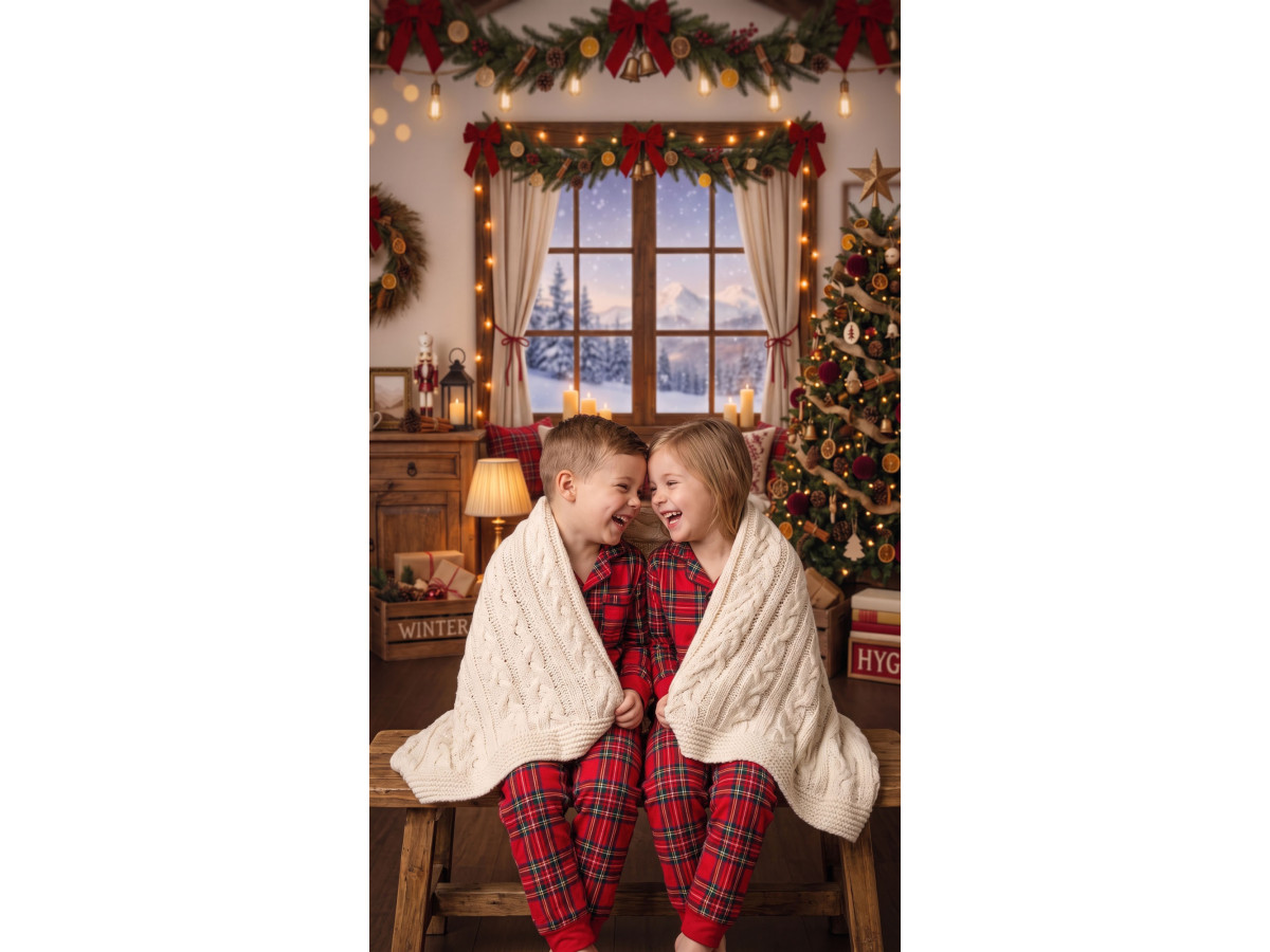 Christmas photo backdrop A la Montagne – mountain Christmas living room with window and tree | Colors&Drops
