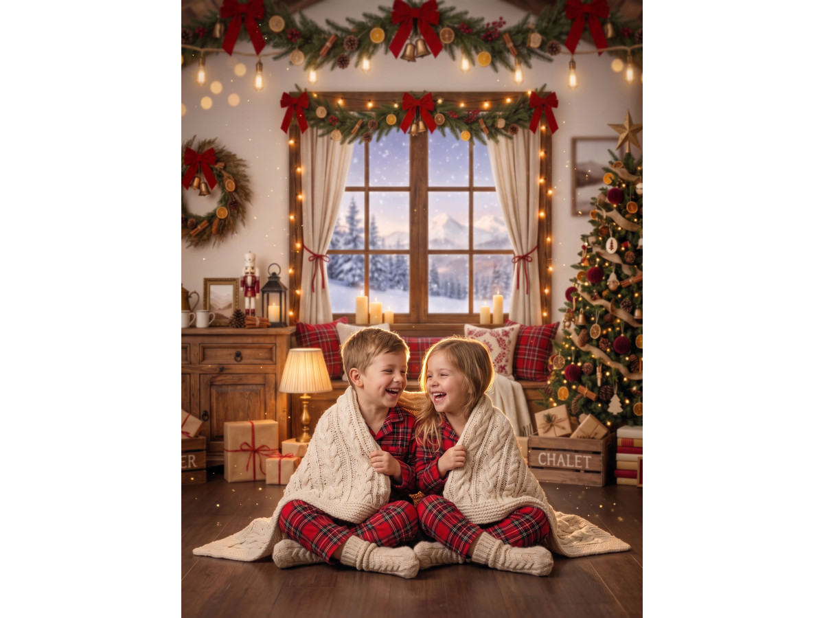 Christmas photo backdrop A la Montagne – mountain Christmas living room with window and tree | Colors&Drops