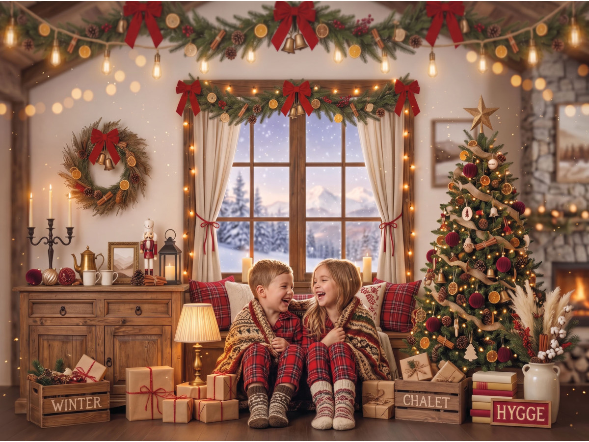 Christmas photo backdrop A la Montagne – mountain Christmas living room with window and tree | Colors&Drops