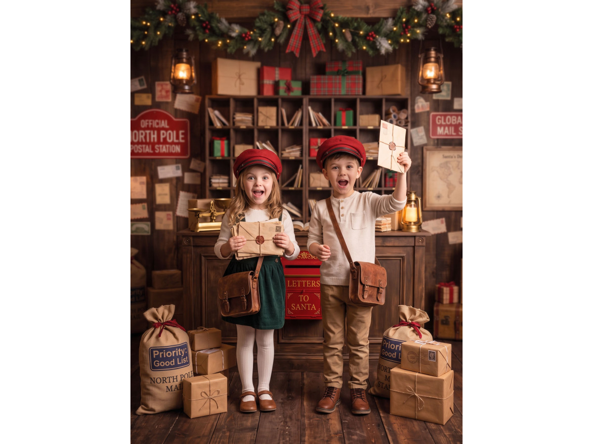 Fond photo de Noël Ma Lettre au Pere Noel – bureau de poste du pôle Nord avec casiers et comptoir | Colors&Drops