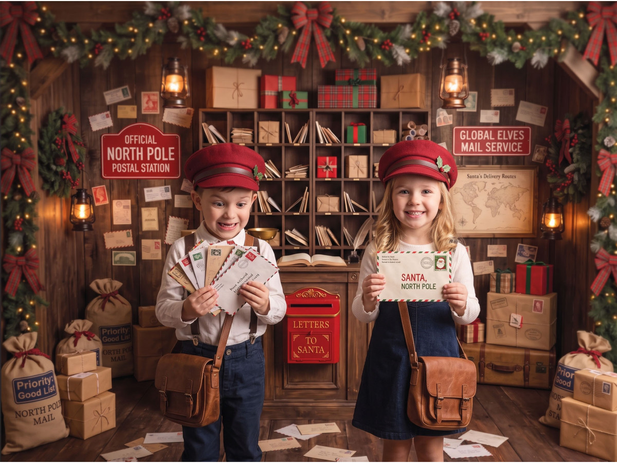 Fond photo de Noël Ma Lettre au Pere Noel – bureau de poste du pôle Nord avec casiers et comptoir | Colors&Drops