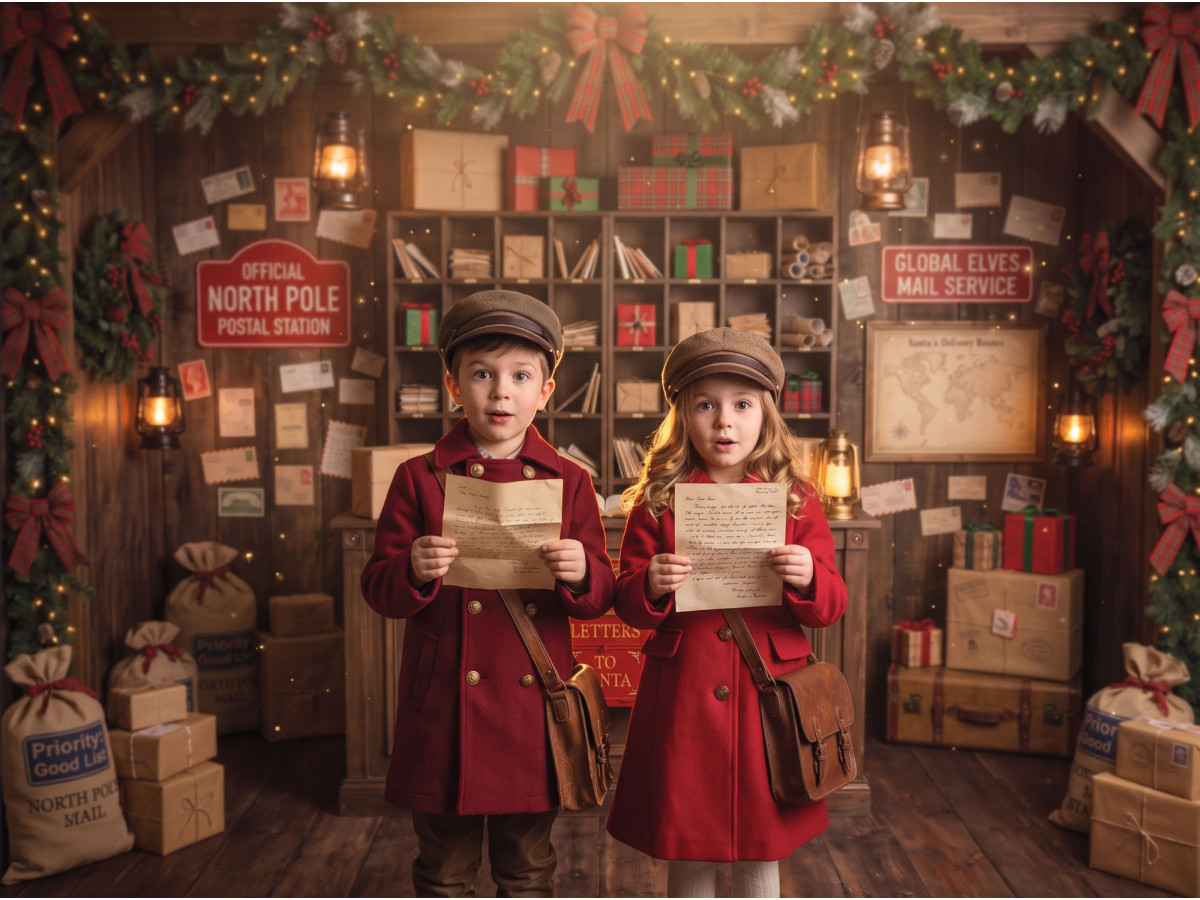 Fond photo de Noël Ma Lettre au Pere Noel – bureau de poste du pôle Nord avec casiers et comptoir | Colors&Drops
