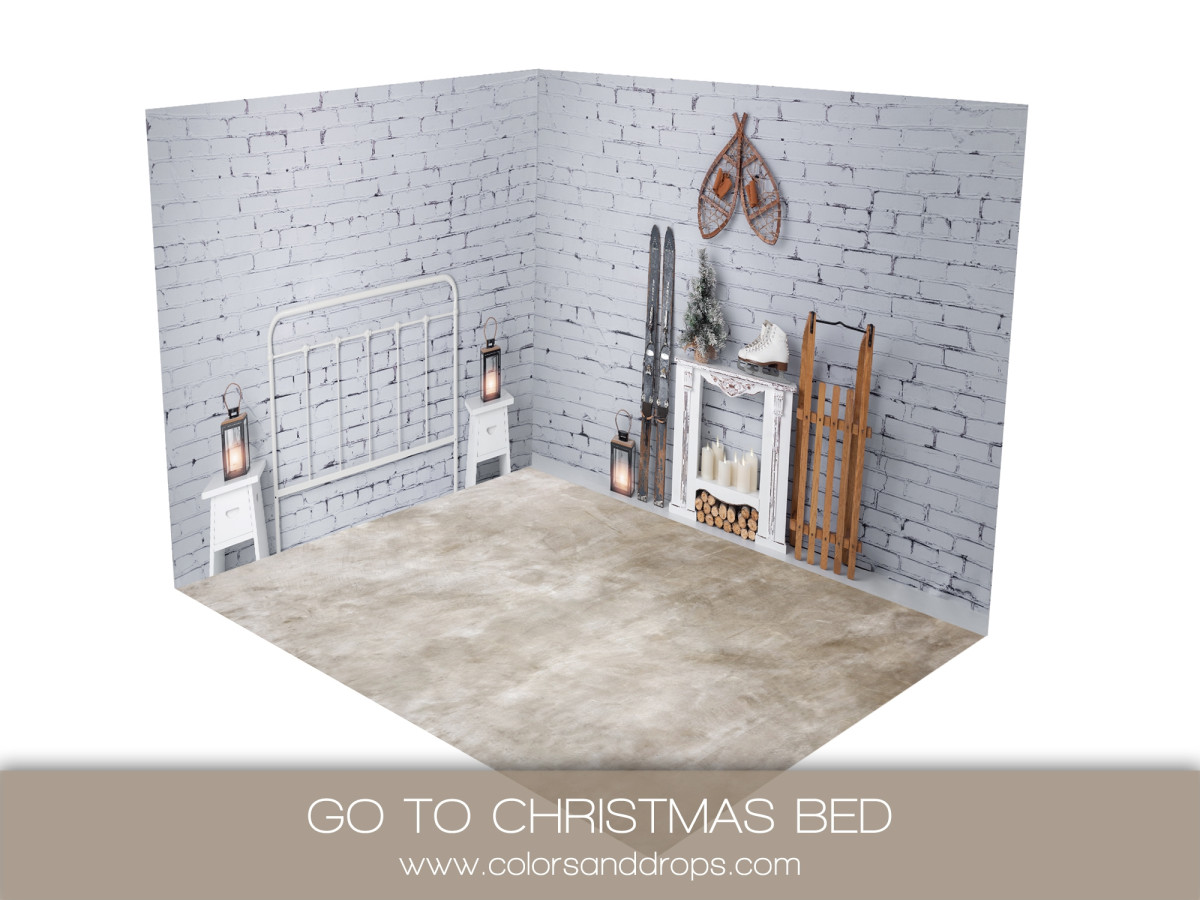 Corner photo backdrop Go to Christmas Bed – white fireplace, skis and rug | Colors&Drops
