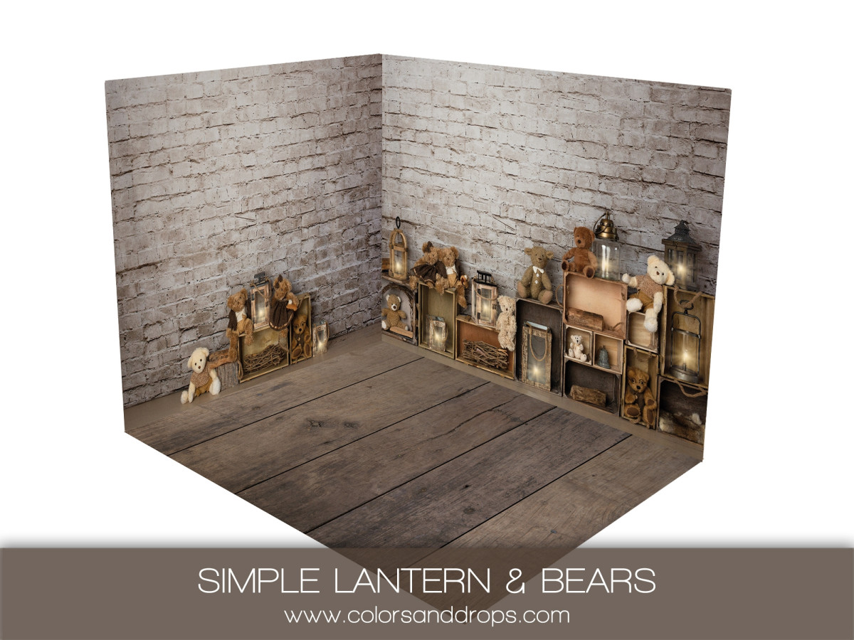Christmas corner photo backdrop Simple Lantern & Bears – lanterns and teddy bears on wooden floor | Colors&Drops