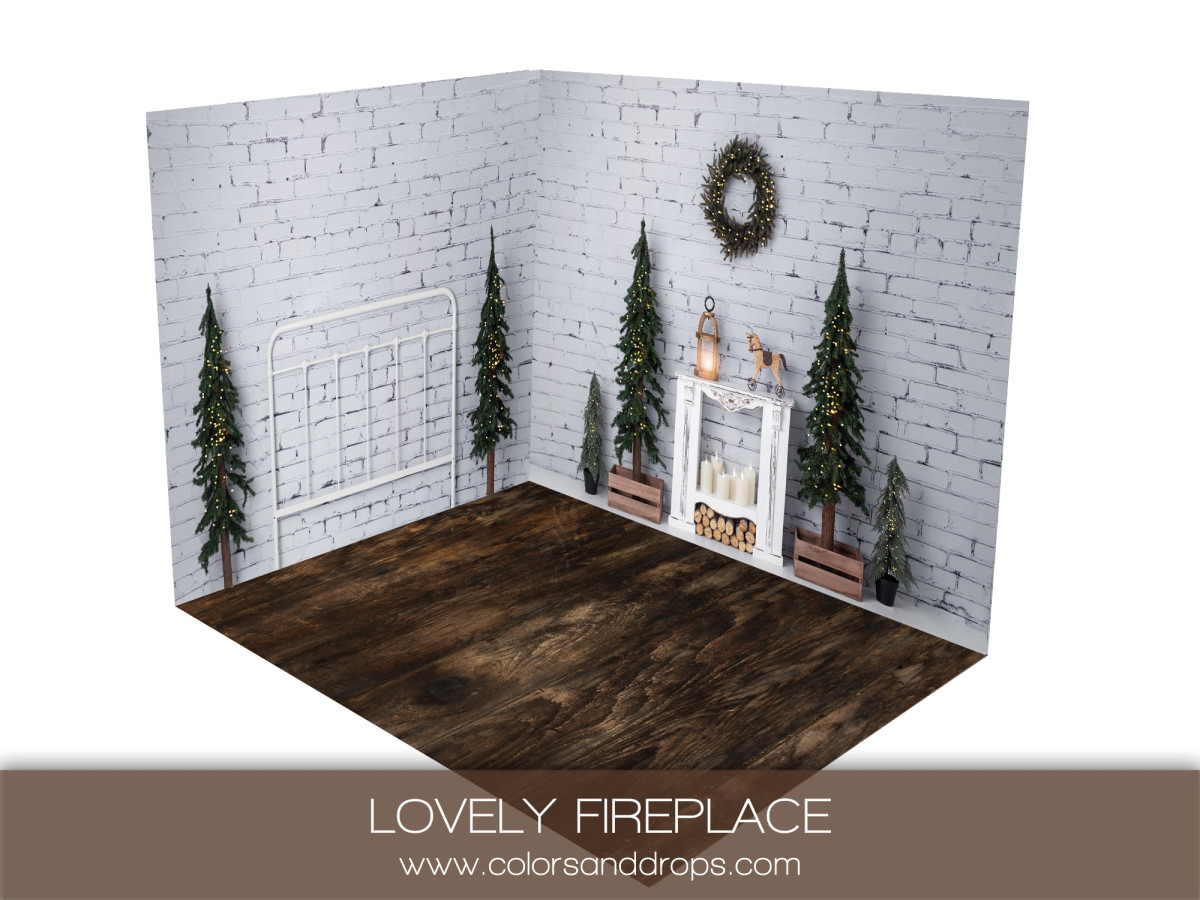Christmas corner photo backdrop Lovely Fireplace – white fireplace and fir trees | Colors&Drops