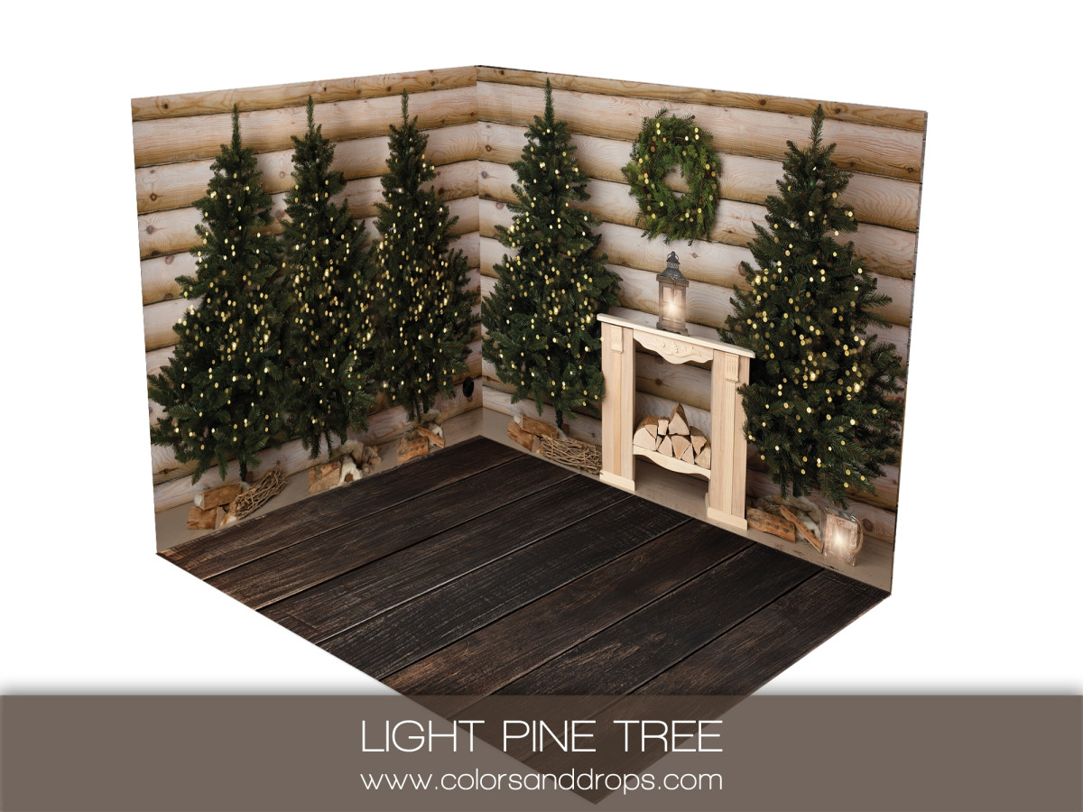Christmas corner photo backdrop Light Pine Tree – glowing fir trees and log wall | Colors&Drops