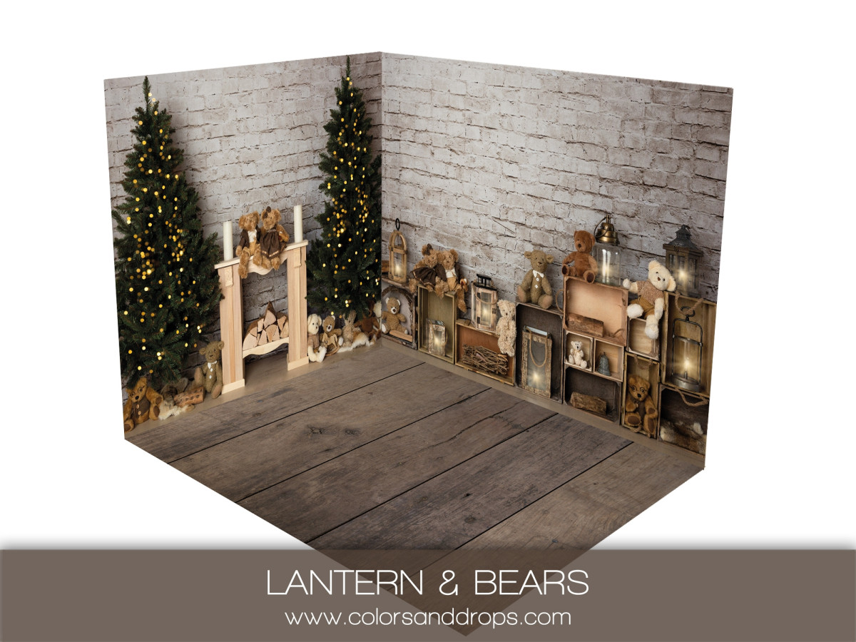 Christmas corner photo backdrop Lantern & Bears – fir trees, fireplace and lanterns | Colors&Drops