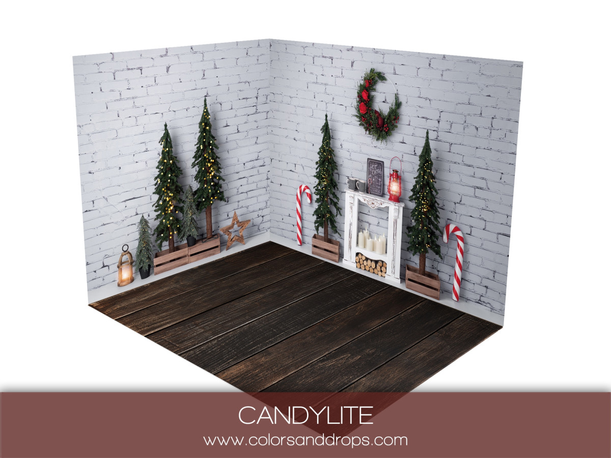 Christmas corner photo backdrop Candylite – white fireplace with candy canes | Colors&Drops
