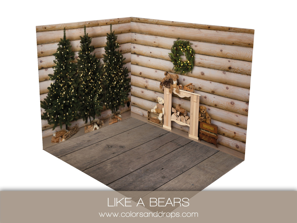 Fond photo d'angle de Noël Like a Bears – mur en rondins avec sapins et cheminée | Colors&Drops