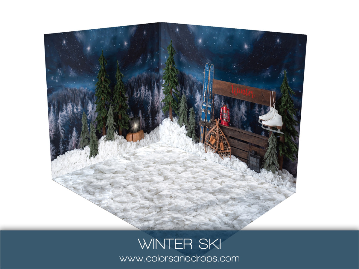 Christmas corner photo backdrop Winter Ski – snowy night forest corner set with bench | Colors&Drops