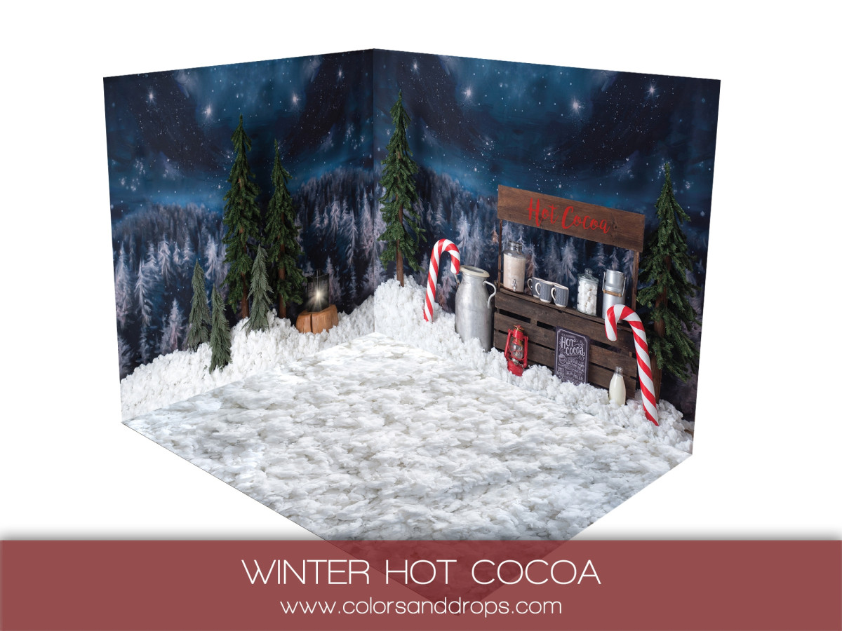Christmas corner photo backdrop Winter Hot Cocoa – snowy hot chocolate stand corner set | Colors&Drops