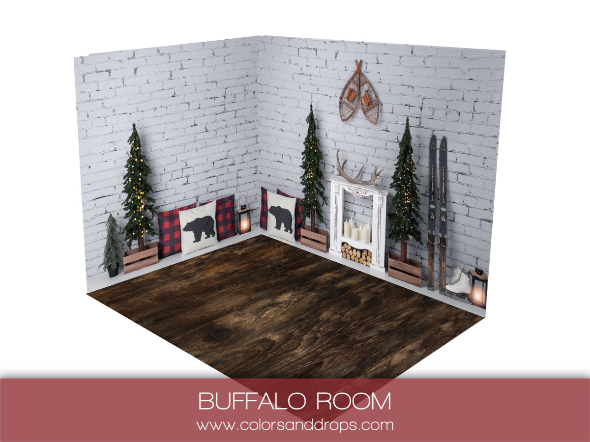 Fond photo d'angle de Noël Buffalo Room – cheminée blanche, skis et coussins | Colors&Drops