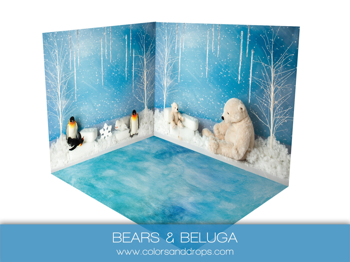 Fond photo d'angle de Noël Bears & Beluga – banquise avec ours polaire et pingouins | Colors&Drops