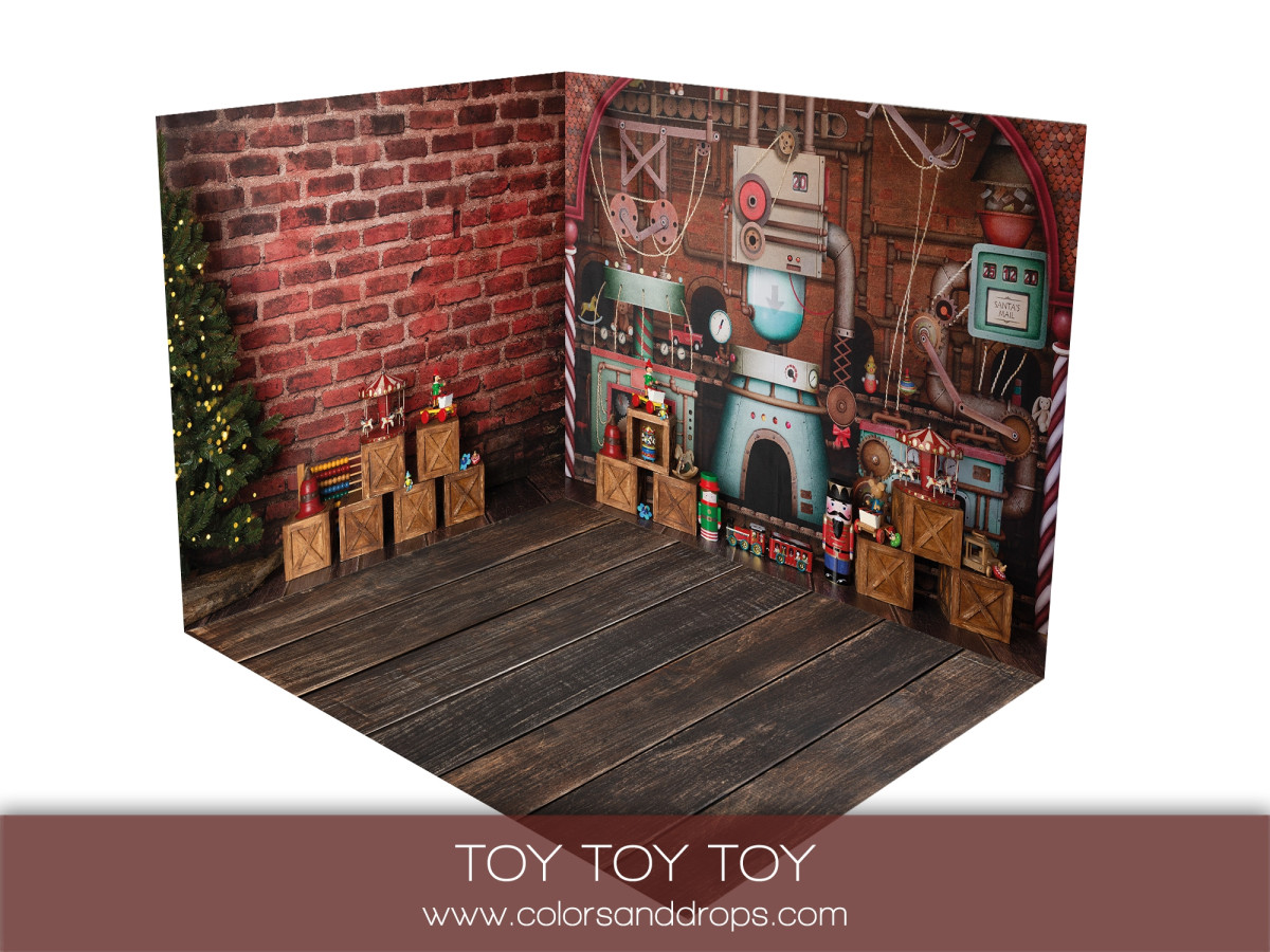 Fond photo d'angle de Noël Toy Toy Toy – fabrique de jouets et mur en brique | Colors&Drops