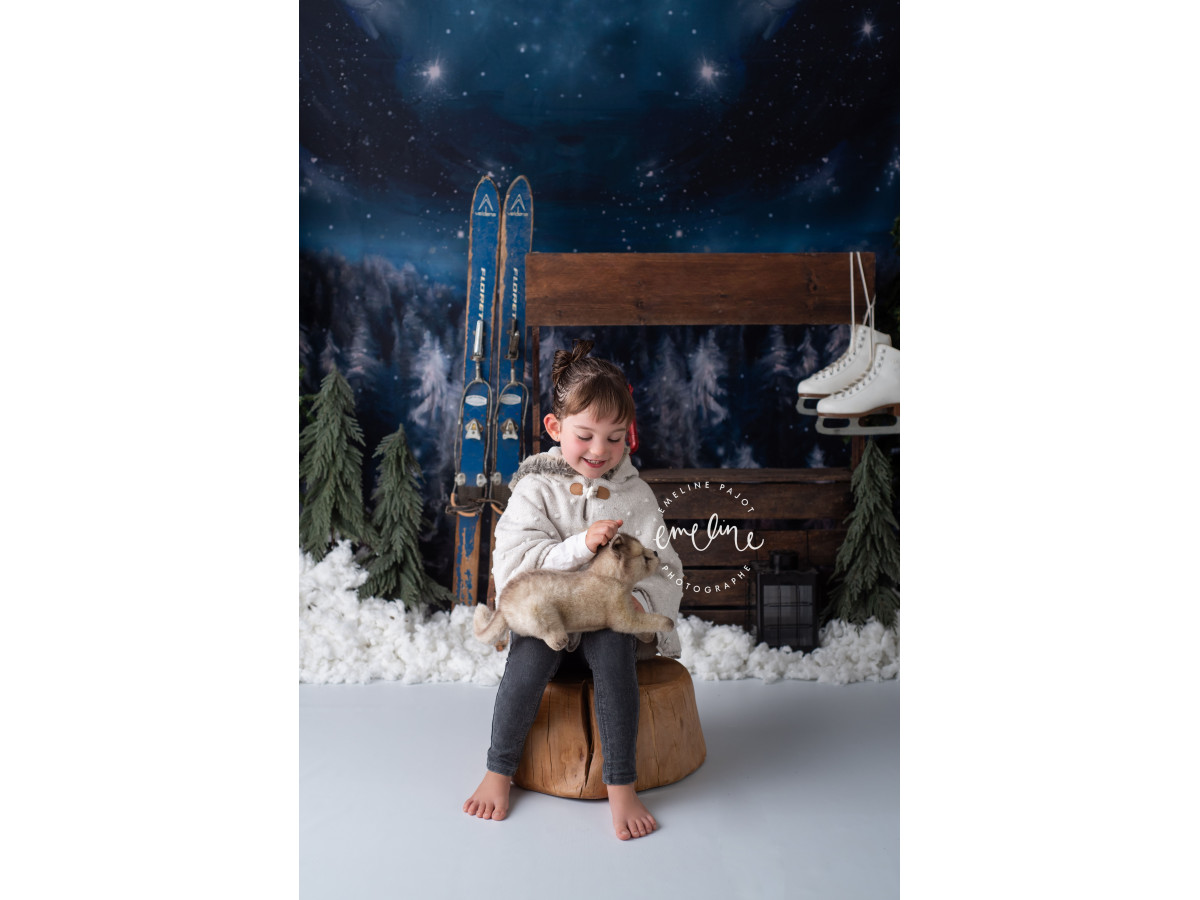 Christmas corner photo backdrop Winter Ski – snowy night forest corner set with bench | Colors&Drops