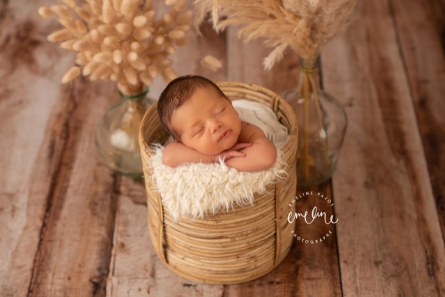 Session photo bébé dans panier en osier et flokati, imitation sol plancher bois marrons, pampas, Fond photo
