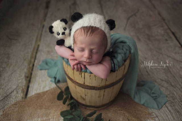 Séance photo naissance, avec bébé dans seau en bois, peluche et bonnet panda sur sol photo imitation planches en bois vieillies