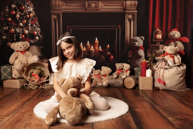 Cheminée, Sapins de Noël, Ours en peluche, Fond photo