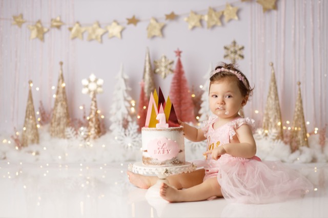 Sapins dorés et rose, Guirlandes d'étoiles,  Smash cake, Fond photo