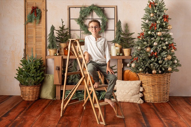 Sapins de Noël, Décor cuivre et vert, Couronne, Fond photo